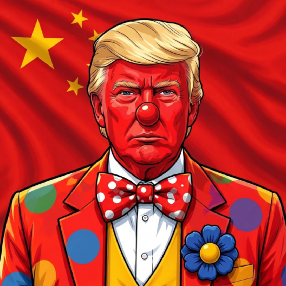 the red hot taco clown in his polka-dot suit and bow tie, posed against the red flag