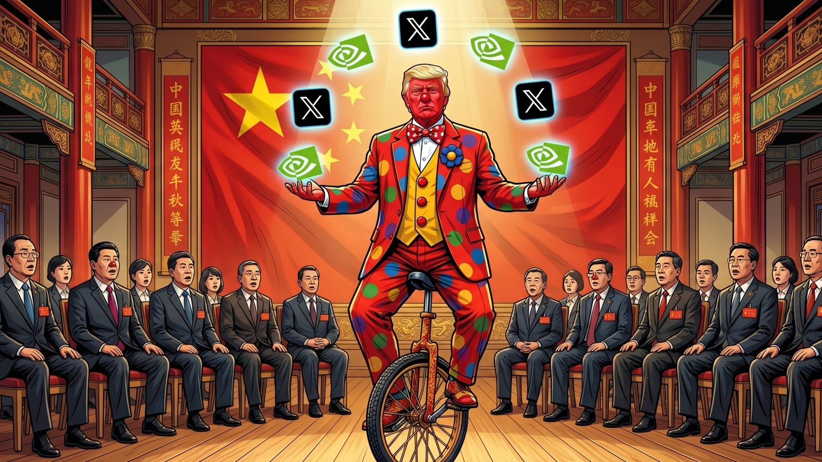 the clown on a unicycle on a theater stage in front of seated officials