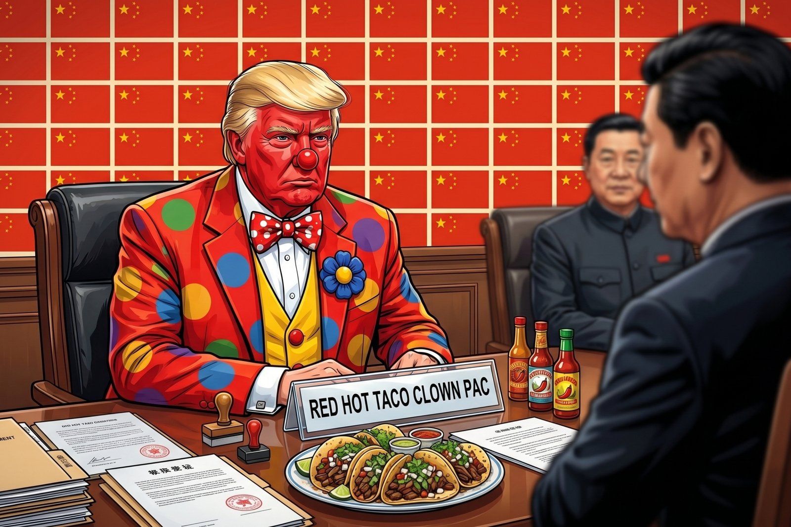 the clown across a meeting table with a RED HOT TACO CLOWN PAC nameplate, plate of tacos, official across the table