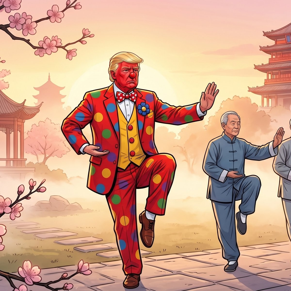 the clown attempting tai chi at sunrise next to a master